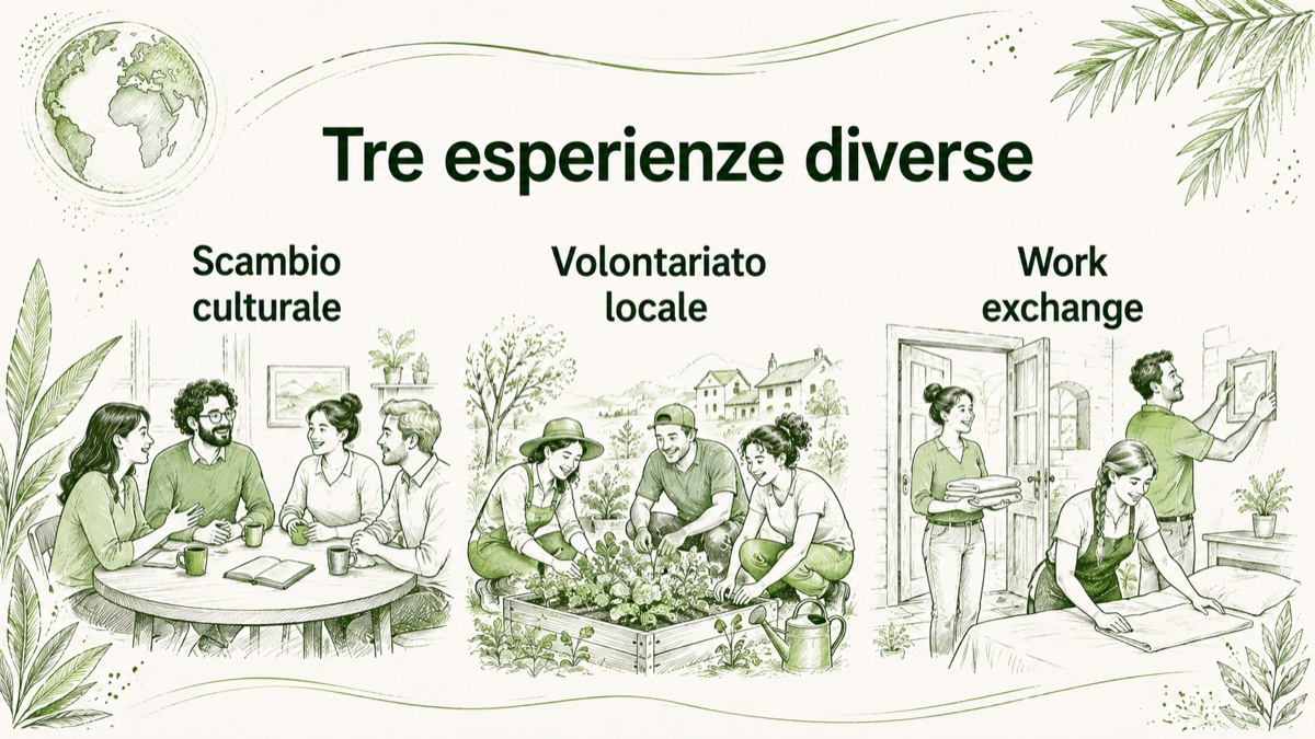 Confronto illustrato tra scambio culturale, volontariato locale e work exchange