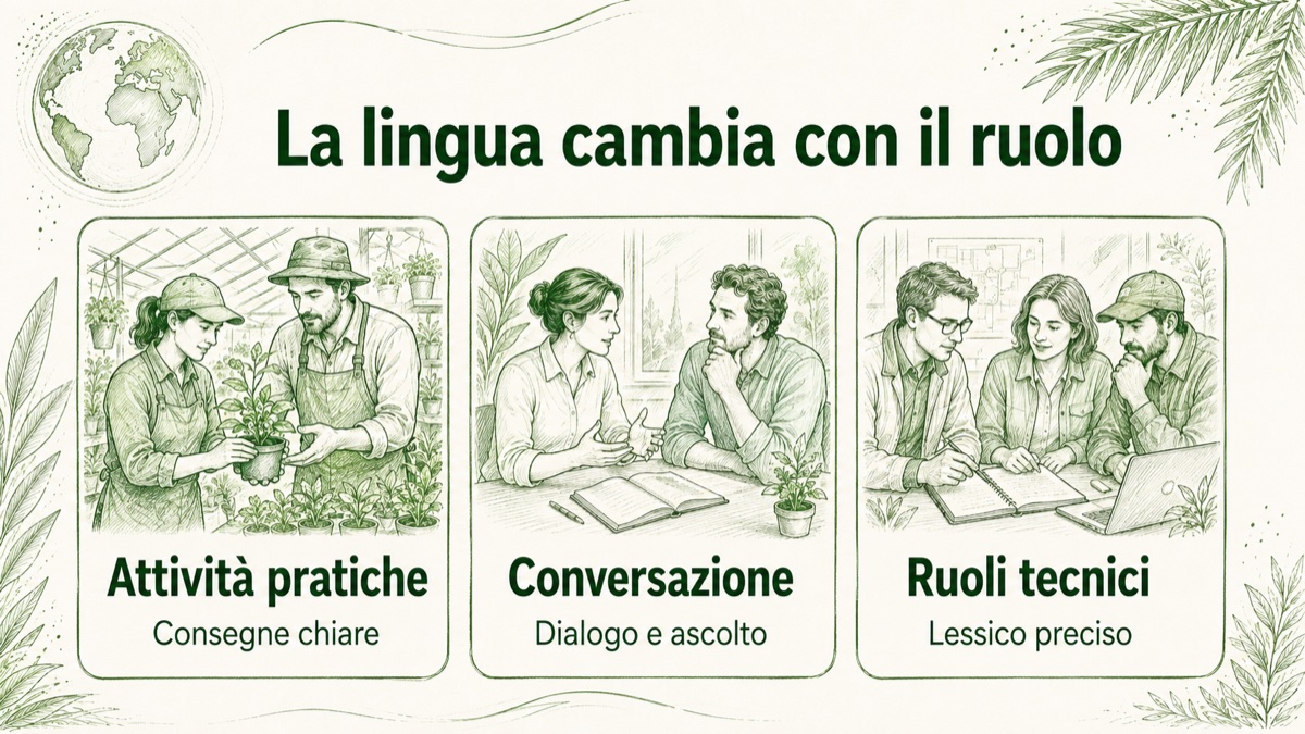 Confronto tra consegne nelle attività pratiche, dialogo nei progetti di conversazione e lessico nei ruoli tecnici