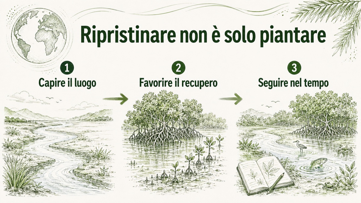Il ripristino delle mangrovie comprende conoscere il luogo, favorire il recupero e seguirlo nel tempo